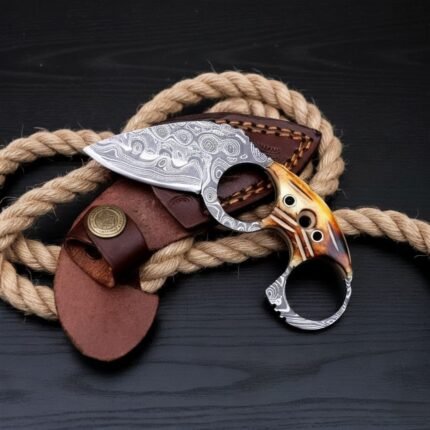 Handcrafted Damascus Steel Karambit Knife with Bone Handle