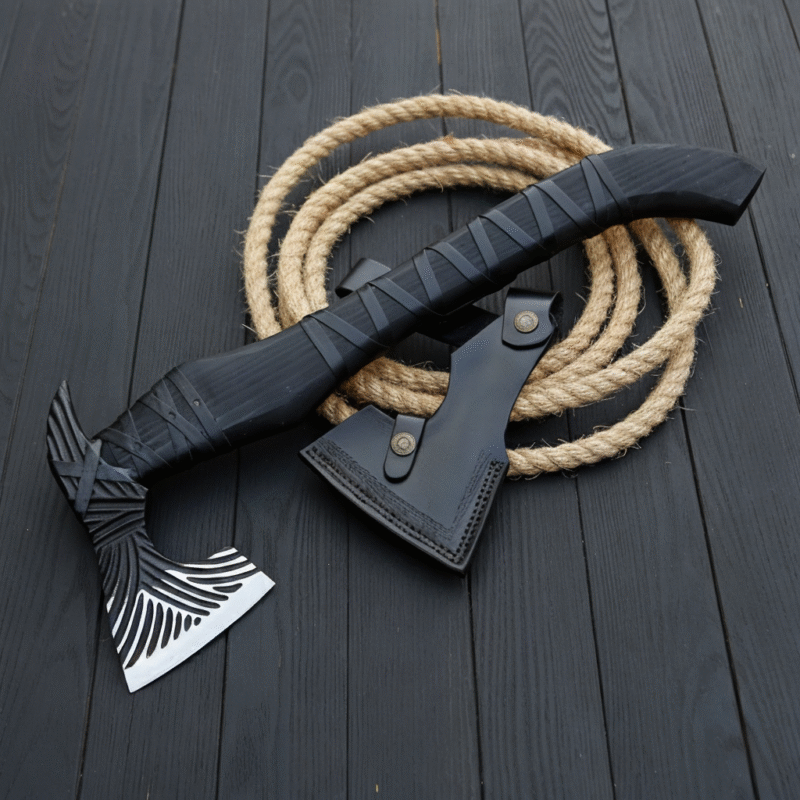 Handmade Black Viking Axe with engraved steel head and black carved handle by Monarch.