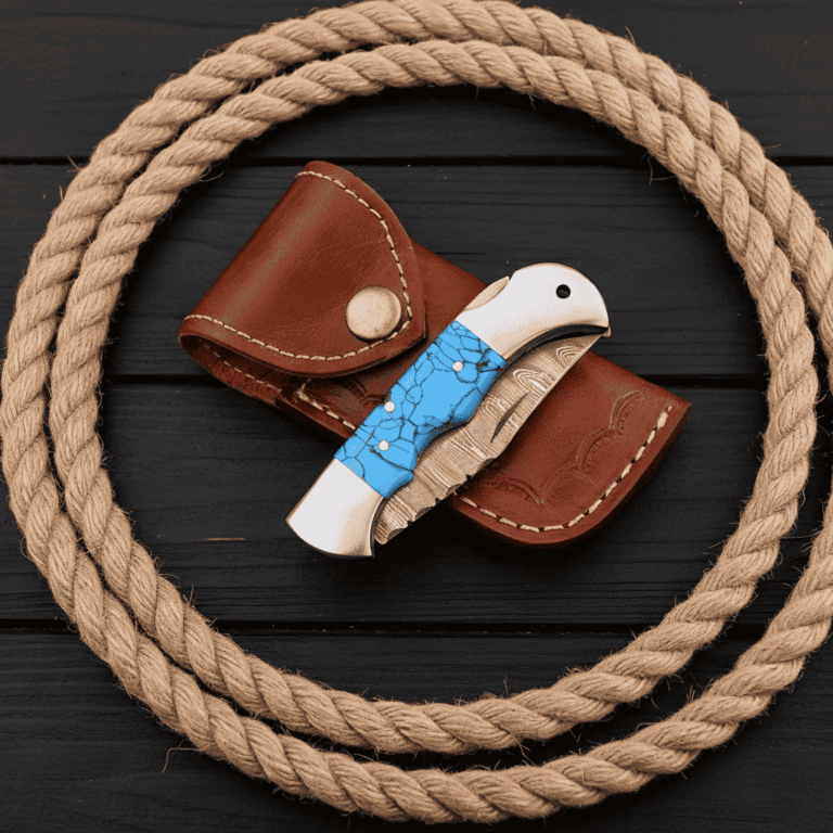 Monarch Cutlery folding knife with Damascus steel blade and wooden handle for everyday carry