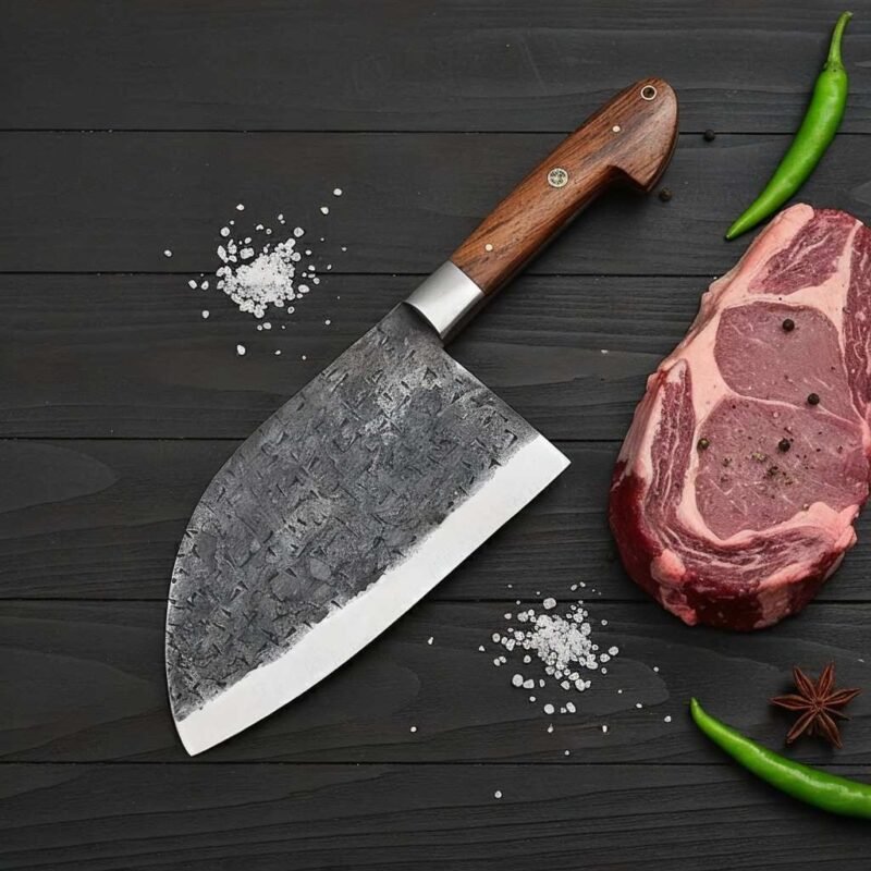 hand forged serbian cleaver knife, handmade cleaver knife, serbian chef knife, meat cleaver handmade, carbon steel cleaver, monarch cutlery knife, outdoor cooking knife, butcher knife handmade, bbq cleaver, chef’s kitchen knife