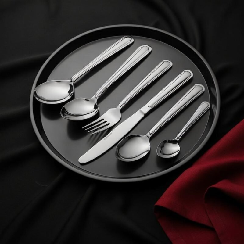 Aurora Silver Cutlery Set with stainless steel knives, forks, and spoons