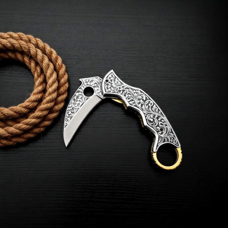 Engraved D2 folding knife — Monarch Cutlery, blade open