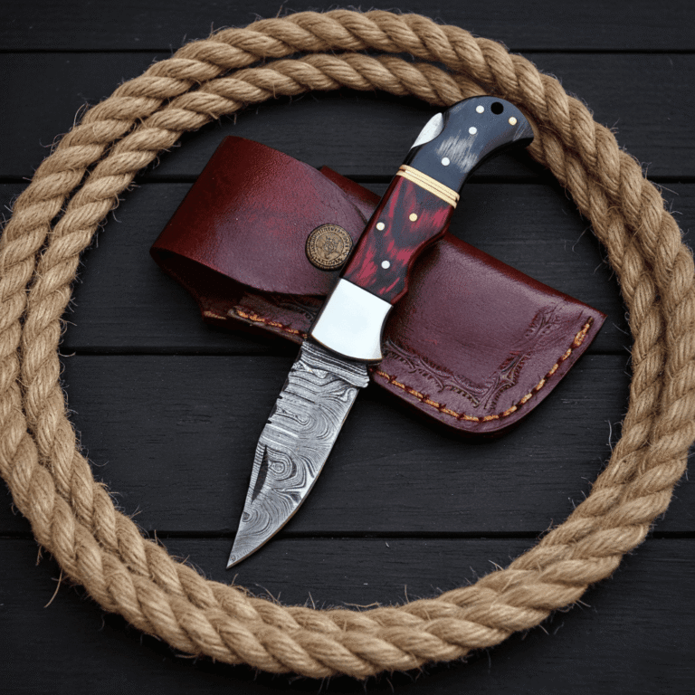 Handmade Damascus Folding Knife by Monarch Cutlery with wooden handle and patterned steel blade