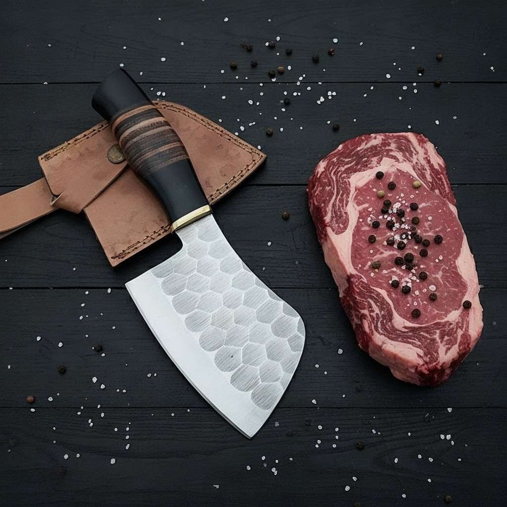 Handmade Serbian Cleaver Knife by Monarch Cutlery – hand-forged high-carbon steel cleaver for BBQ, kitchen, and outdoor cooking.