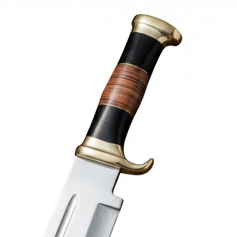 Close-up of Custom Handmade Hunting Knife blade and ram horn handle by Monarch Cutlery