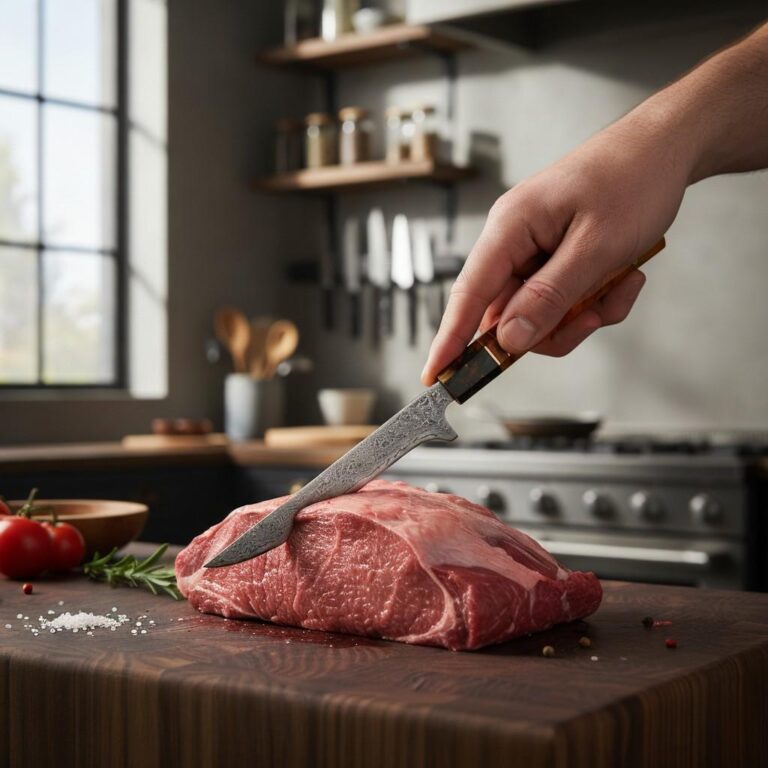 Professional chef holding Monarch Professional Boning Knife in modern kitchen demonstrating professional use for meat fish and poultry preparation
