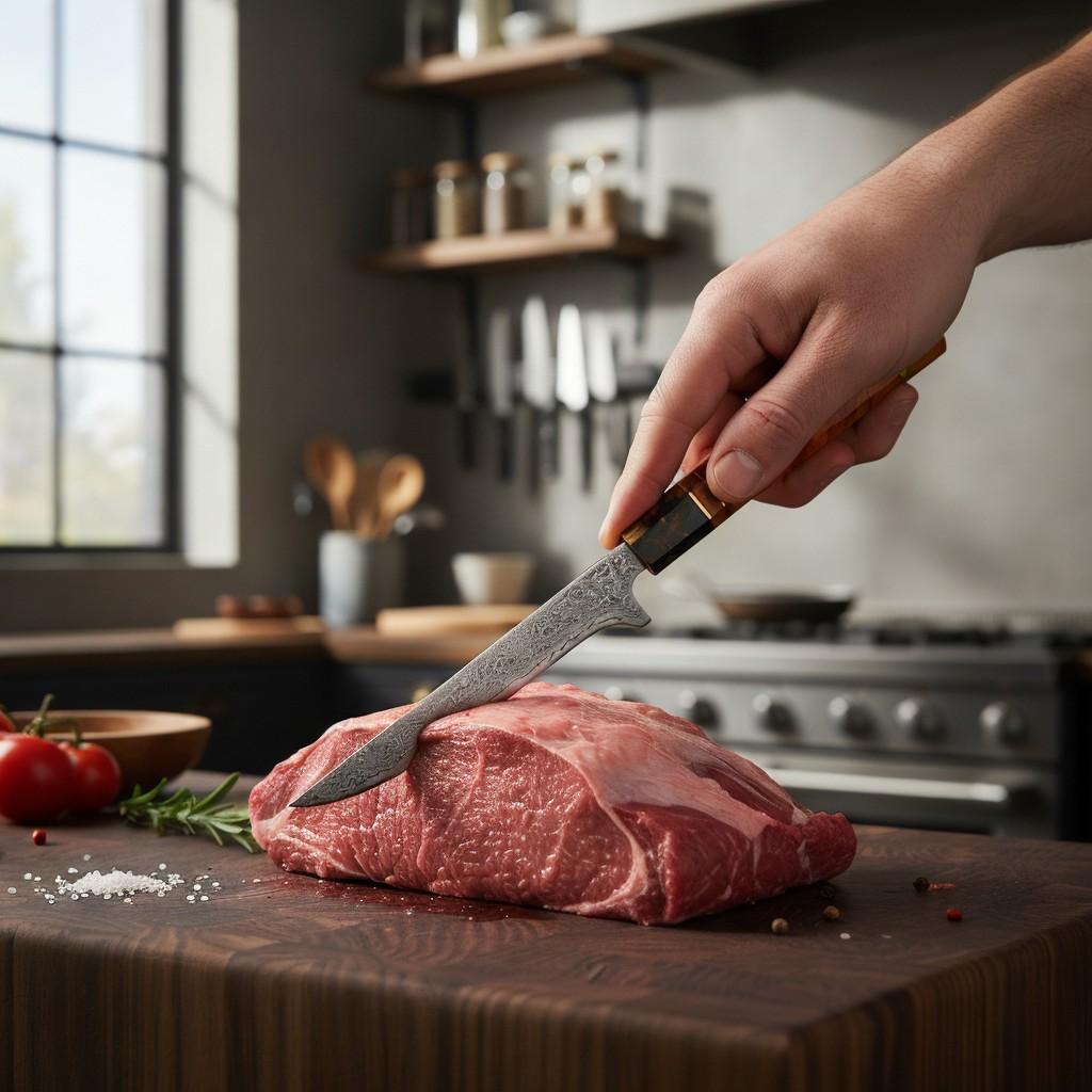 Professional chef holding Monarch Professional Boning Knife in modern kitchen demonstrating professional use for meat fish and poultry preparation