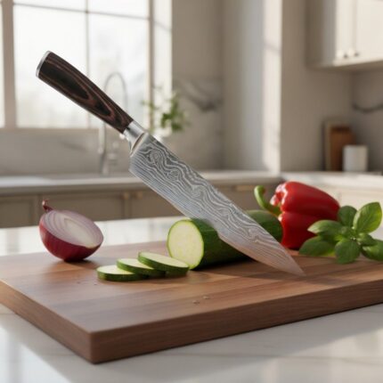 Ergonomic wood and resin handle Damascus steel chef knife