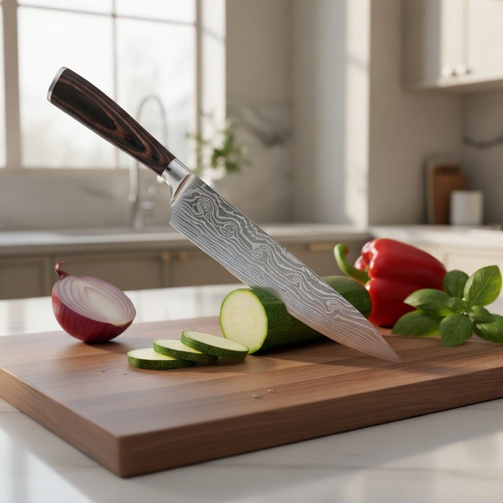 Ergonomic wood and resin handle Damascus steel chef knife