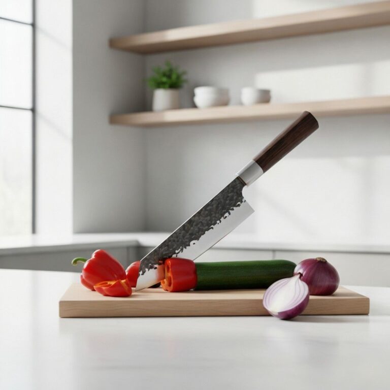 Close-up of Damascus steel pattern on Santoku chef knife blade