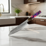 Close-up Damascus steel pattern on premium Santoku chef knife blade