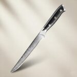 Close-up of Monarch Handmade Boning Knife Damascus steel blade pattern
