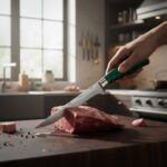 Professional butcher holding Monarch Butcher Boning Knife in kitchen preparing meat with precision cutting and control