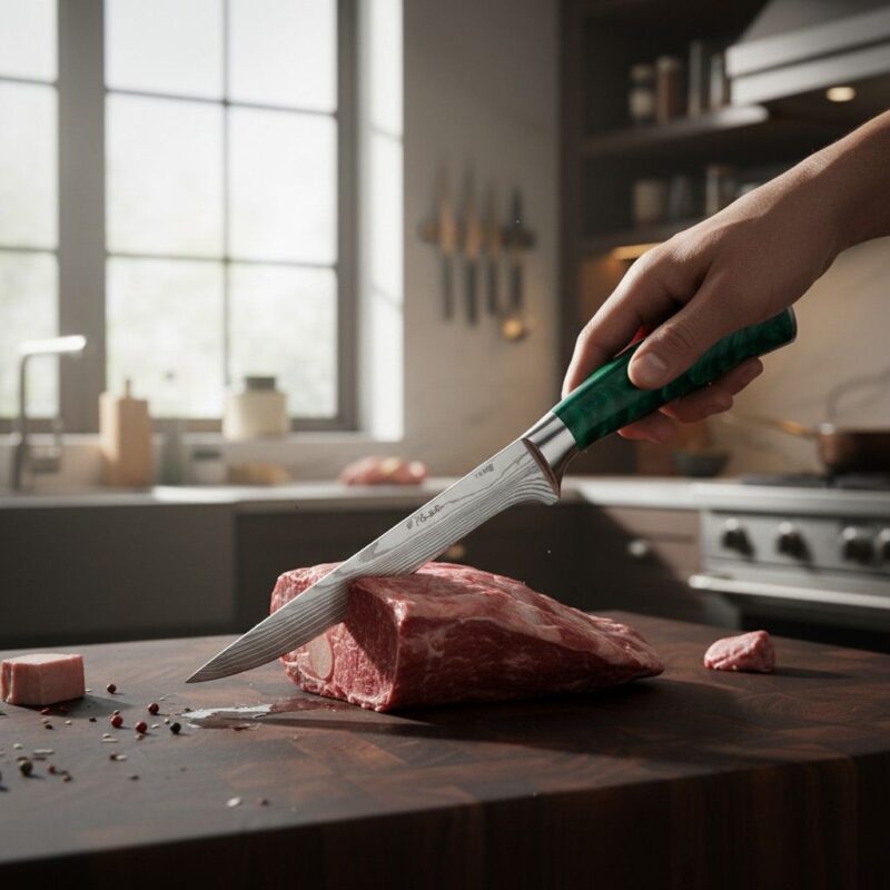Professional butcher holding Monarch Butcher Boning Knife in kitchen preparing meat with precision cutting and control