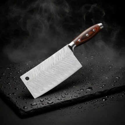 Close-up of the Monarch Cutlery best meat cleaver knife showing the razor-sharp full tang blade and wooden handle.