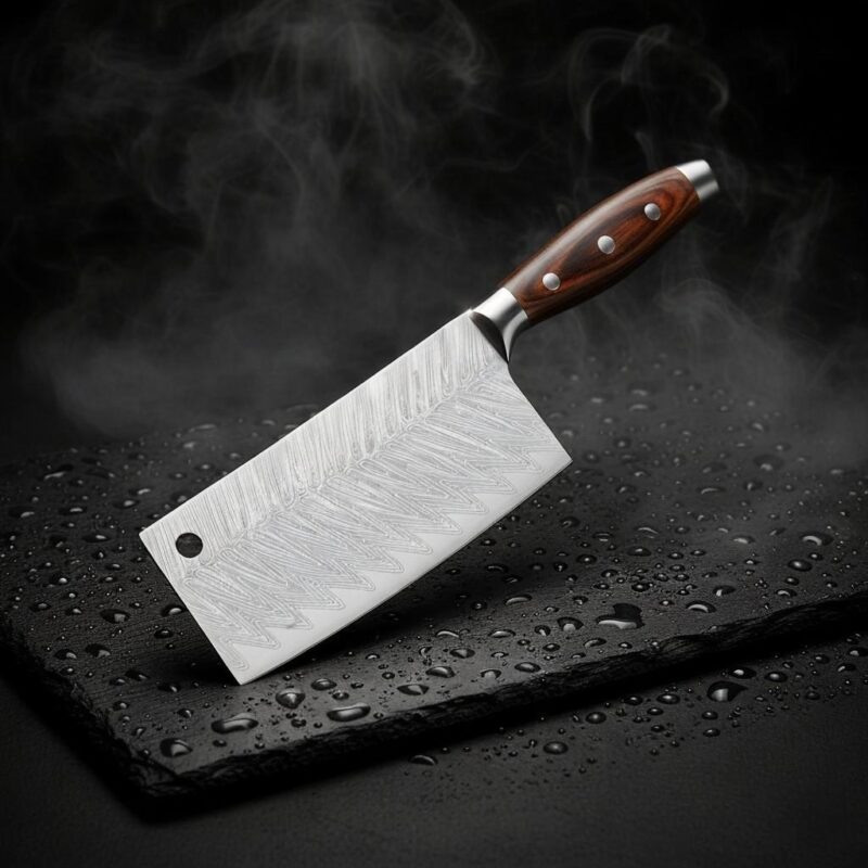Close-up of the Monarch Cutlery best meat cleaver knife showing the razor-sharp full tang blade and wooden handle.