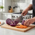 Professional Monarch Cutlery meat cleaver knife cutting beef on a wooden chopping board.