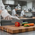 Professional Chinese chef cleaver knife by Monarch Cutlery cutting vegetables and meat on a wooden cutting board.