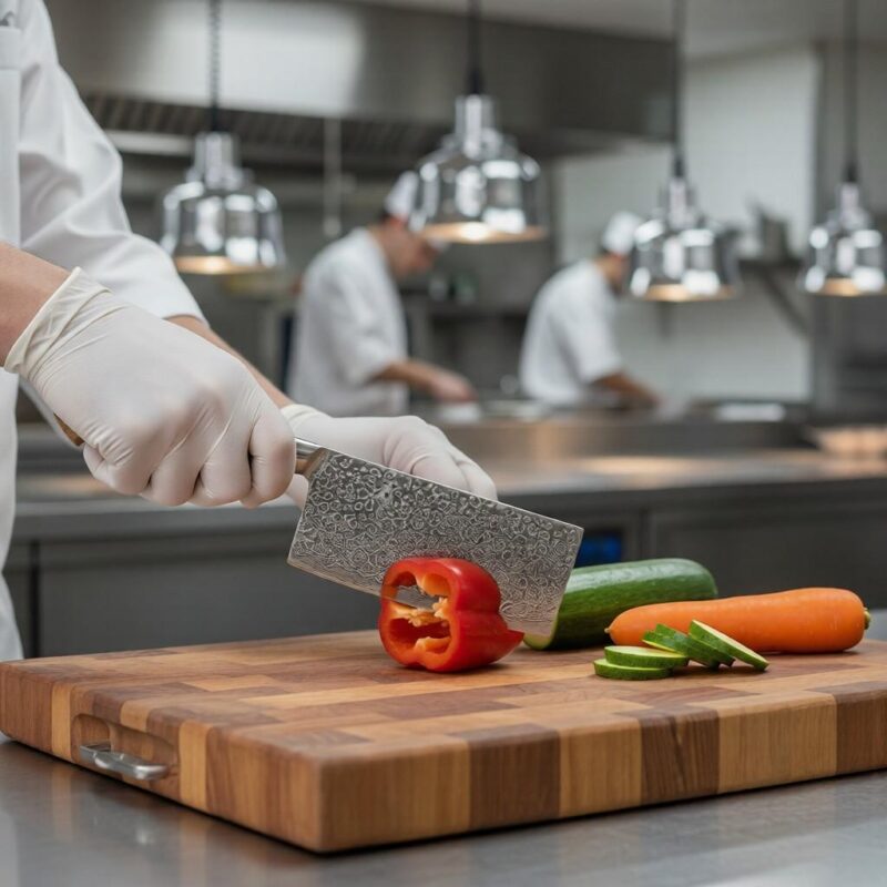 Professional Chinese chef cleaver knife by Monarch Cutlery cutting vegetables and meat on a wooden cutting board.