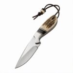 Custom Handmade Skinner Knife crafted from premium Damascus steel with a full tang blade and leather sheath.
