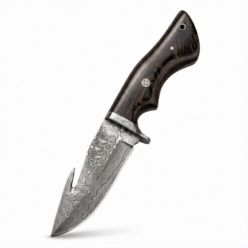 Handmade Damascus Hunting Skinner Knife with full tang fixed blade and leather sheath