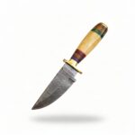 Fixed Blade Skinner Knife handcrafted from premium Damascus steel with a full tang blade and leather sheath.