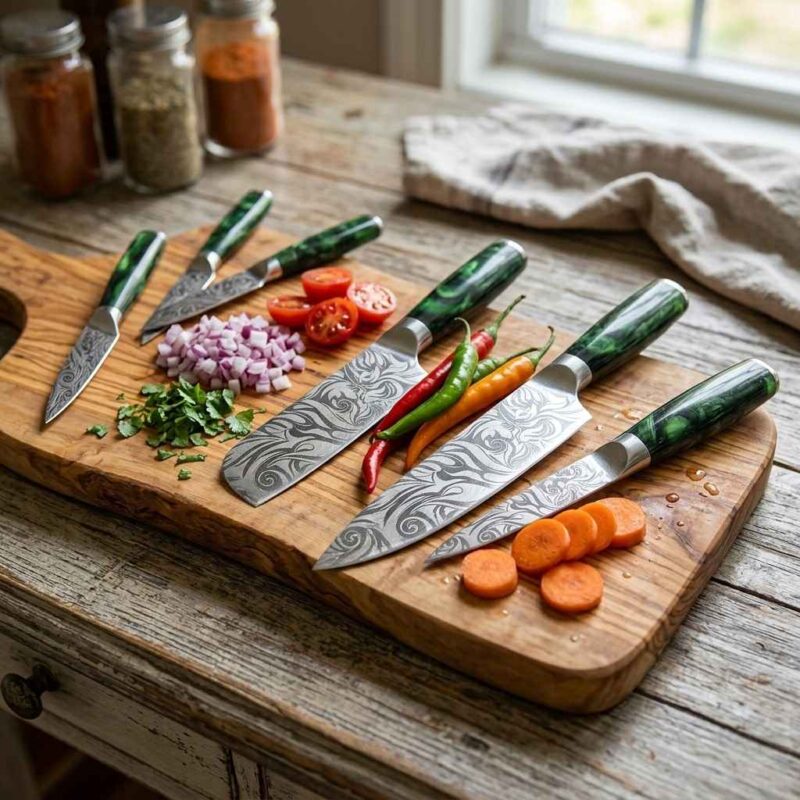 Handmade Damascus kitchen knives with layered steel blades
