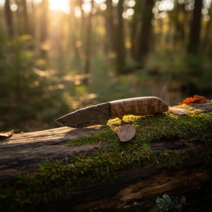 Close-Up of Handmade Damascus Skinner Knife Blade Showing Damascus Steel Pattern