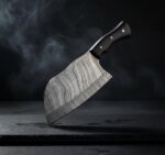 Close-up of the Monarch Cutlery Mini Cleaver Boning Knife showing the razor-sharp full tang blade and ergonomic wooden handle.