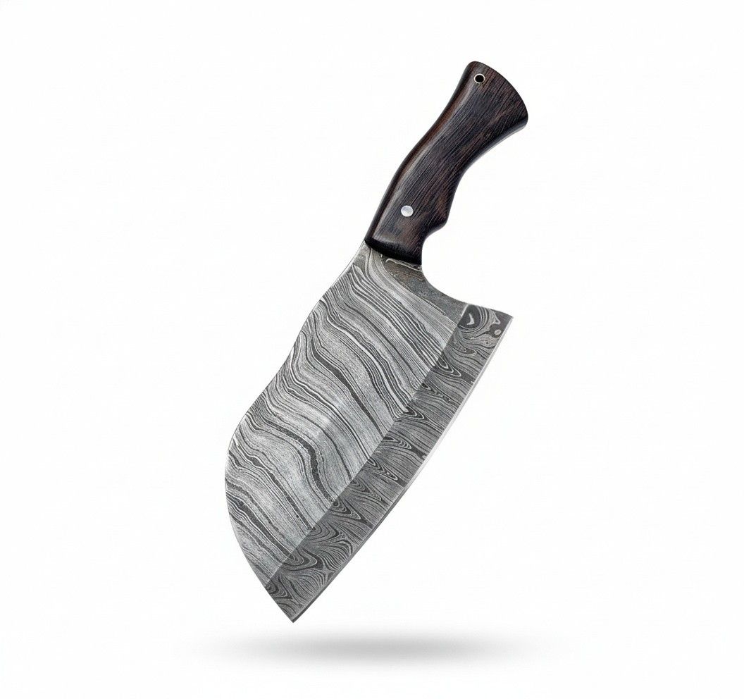 Monarch Cutlery Mini Cleaver Boning Knife with a razor-sharp full tang blade and ergonomic wooden handle on a pure white background.
