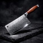 Close-up of the Monarch Cutlery Nakiri Cleaver Style Knife showing the razor-sharp full tang blade and ergonomic wooden handle.