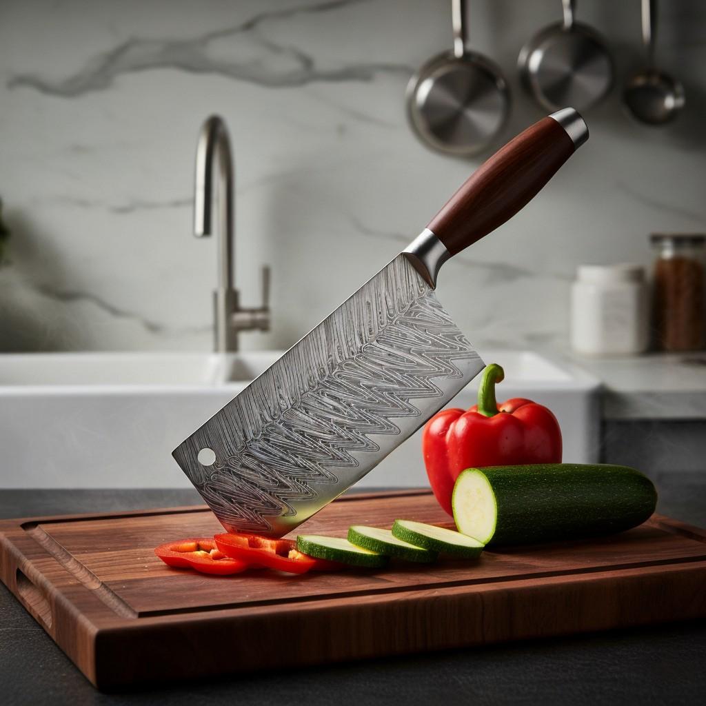 Monarch Cutlery Nakiri Cleaver Style Knife slicing fresh vegetables on a wooden cutting board.