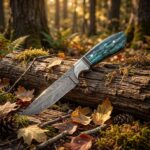 Close-up of the Damascus steel blade on a Premium Skinning Hunting Knife.