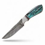 Premium Skinning Hunting Knife handcrafted from Damascus steel with a full tang blade and leather sheath.