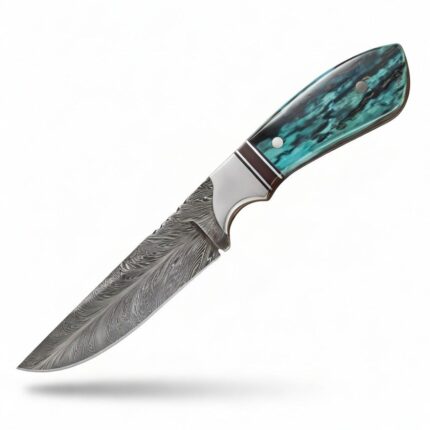 Premium Skinning Hunting Knife handcrafted from Damascus steel with a full tang blade and leather sheath.