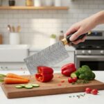 Alt Text Monarch Cutlery Japanese cleaver chef knife slicing fresh vegetables on a wooden cutting board in a modern kitchen.