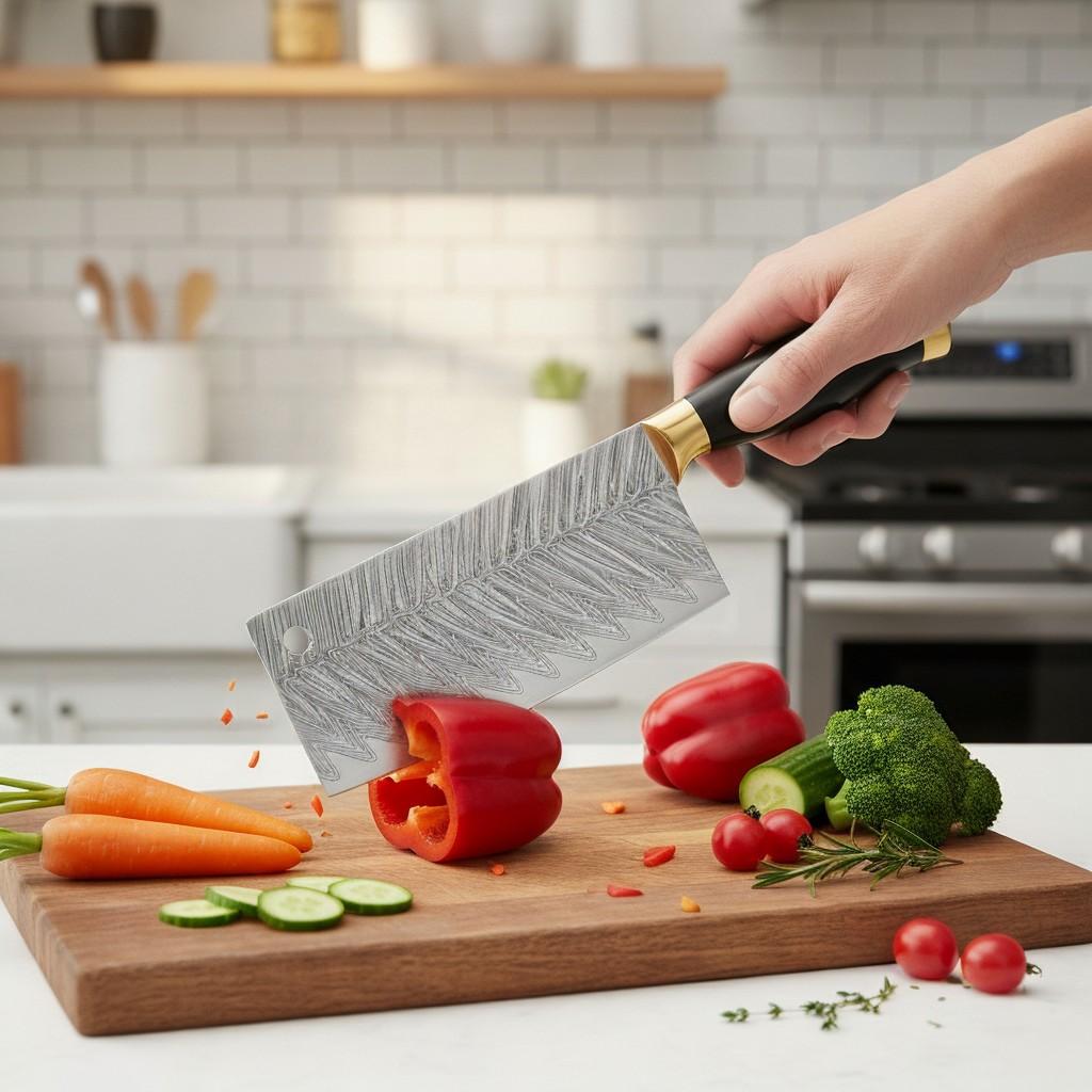 Alt Text Monarch Cutlery Japanese cleaver chef knife slicing fresh vegetables on a wooden cutting board in a modern kitchen.