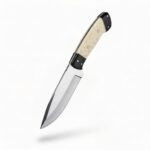 Razor Sharp Skinner Knife handcrafted from Damascus steel with a full tang blade and leather sheath.