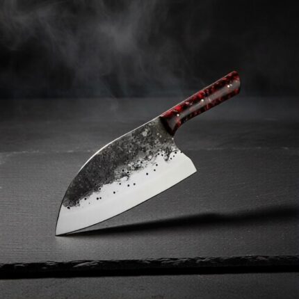 Close-up of the Monarch Cutlery Santoku Cleaver Chef Knife showing the razor-sharp full tang blade and ergonomic wooden handle.