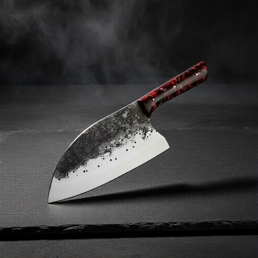 Close-up of the Monarch Cutlery Santoku Cleaver Chef Knife showing the razor-sharp full tang blade and ergonomic wooden handle.