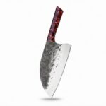 Monarch Cutlery Santoku Cleaver Chef Knife with a razor-sharp full tang blade and ergonomic wooden handle on a pure white background.