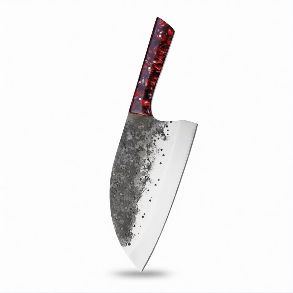 Monarch Cutlery Santoku Cleaver Chef Knife with a razor-sharp full tang blade and ergonomic wooden handle on a pure white background.