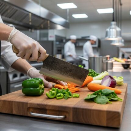 Monarch Cutlery Small Cleaver Utility Knife slicing vegetables and trimming meat on a wooden cutting board.