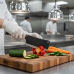Monarch Cutlery Vegetable Cleaver Chopping Knife slicing fresh vegetables on a wooden cutting board.