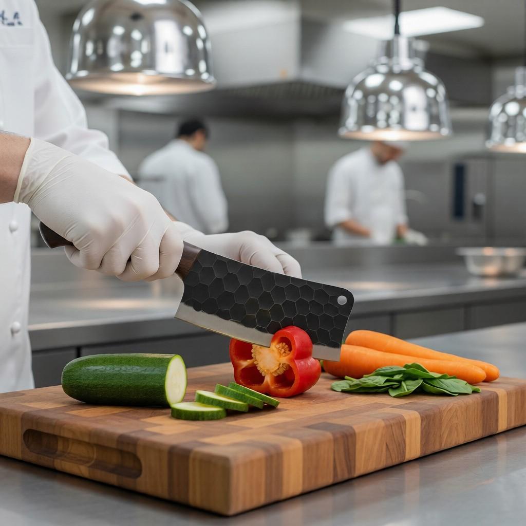 Monarch Cutlery Vegetable Cleaver Chopping Knife slicing fresh vegetables on a wooden cutting board.